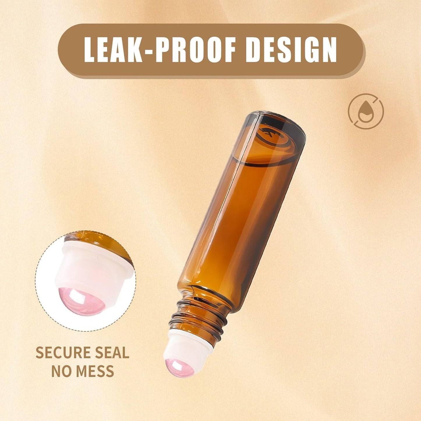 Rose Quartz Roller Bottles - 8 Pack 10ml Refillable Amber Glass Roll-On Bottles | Leak-Proof Travel Perfume with Crystal Roller Balls