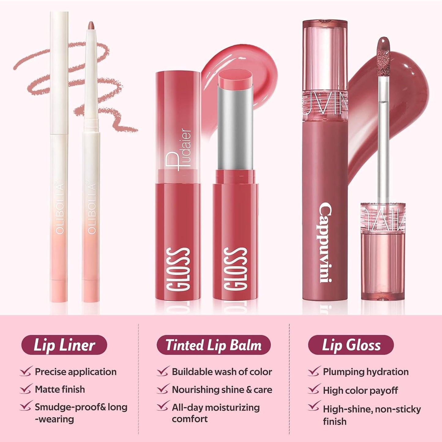 Korean Lip Plumping Kit - 3-Step Waterproof Lip Makeup Set | Non-Sticky, Long-Lasting Satin Finish, Sweet Fig