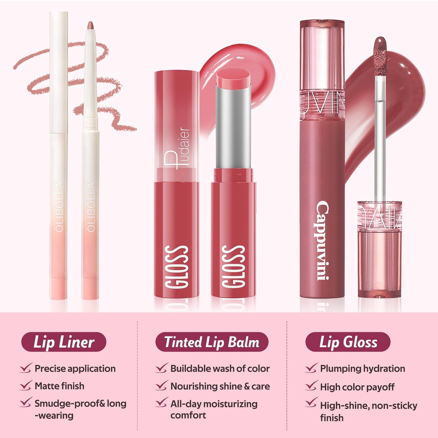 KIMUSE 3 Pack Lip Combo Set, 3-Step Plumping Korean Lip Kit, Waterproof Long-Lasting Satin Finish Lip Makeup Kit, Non-Sticky Lightweight Formula for Plump Hydrated Lips, Gift Ready (Sweet Fig Set)