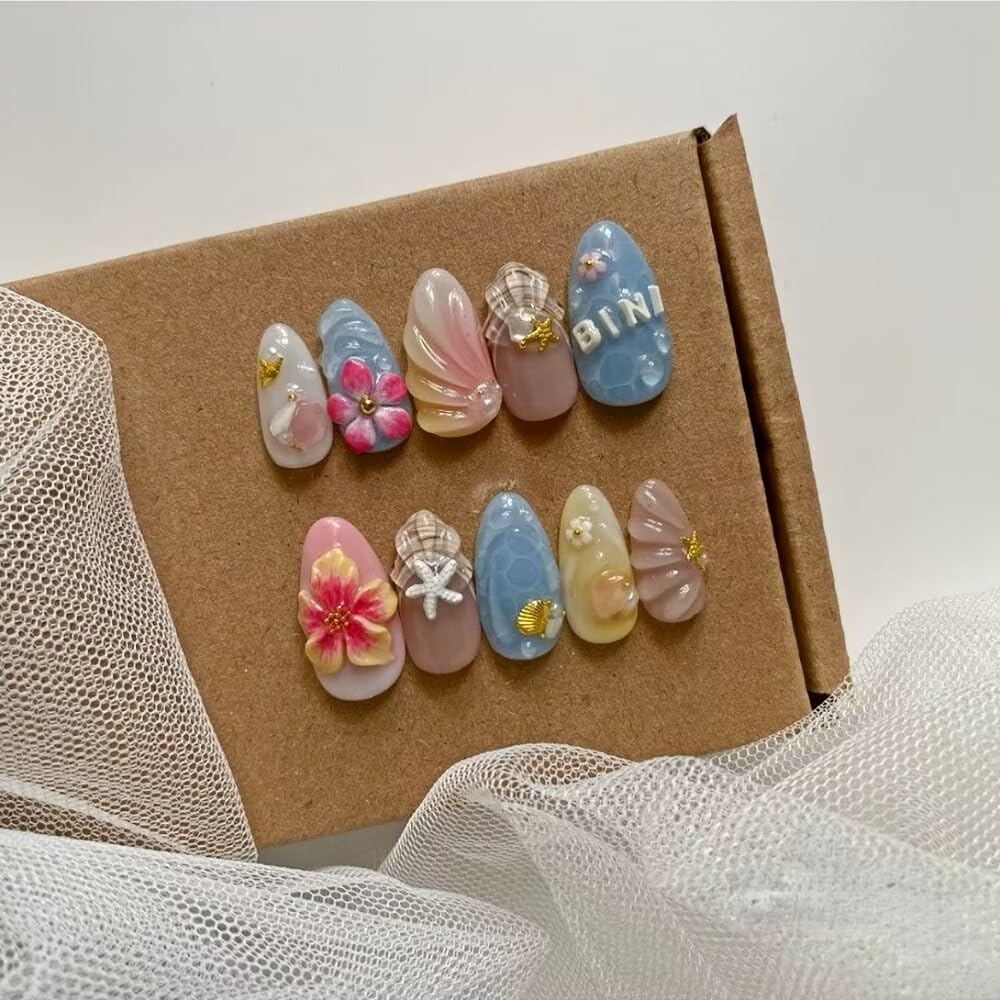 Press On Almond Nails - Handmade 3D Design, Thick Acrylic Gel | Reusable DIY Artificial Nails for Women (10 Pieces)