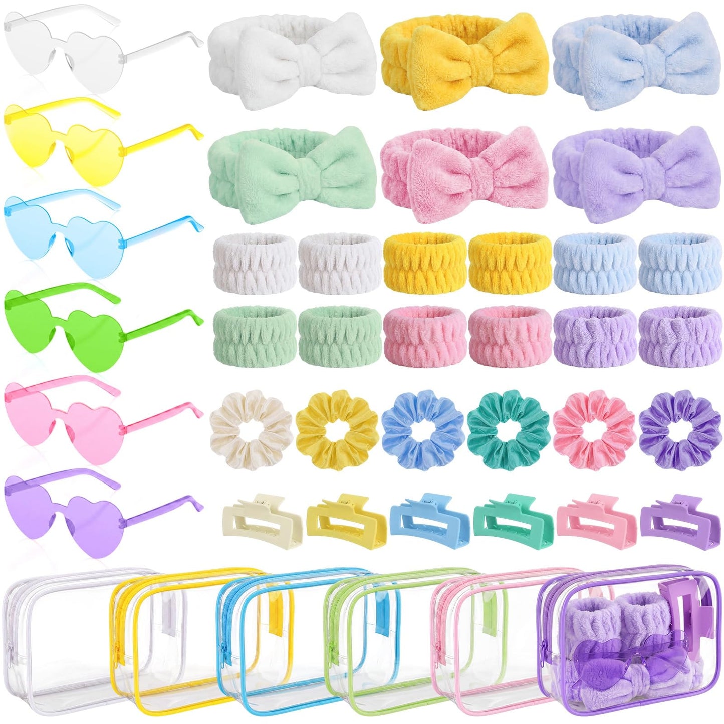 Rivvlive 6 Set 42 Pcs Spa Sleepover Party Favor Slumber Party Supplies Gift Preppy Headband Wristband Heart Sunglass Hair Clip Scrunchie Makeup Bag for Bridal Bachelorette Women Birthday (Pastel)