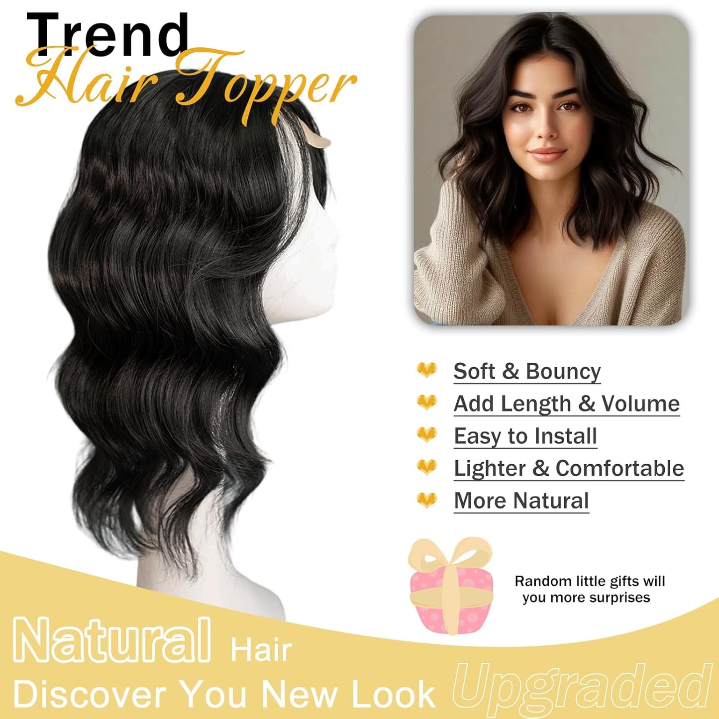 Hair Toppers for Women - 14 Inch 360° 3D Synthetic Curly Wavy Clip-In Bangs | Brown Black