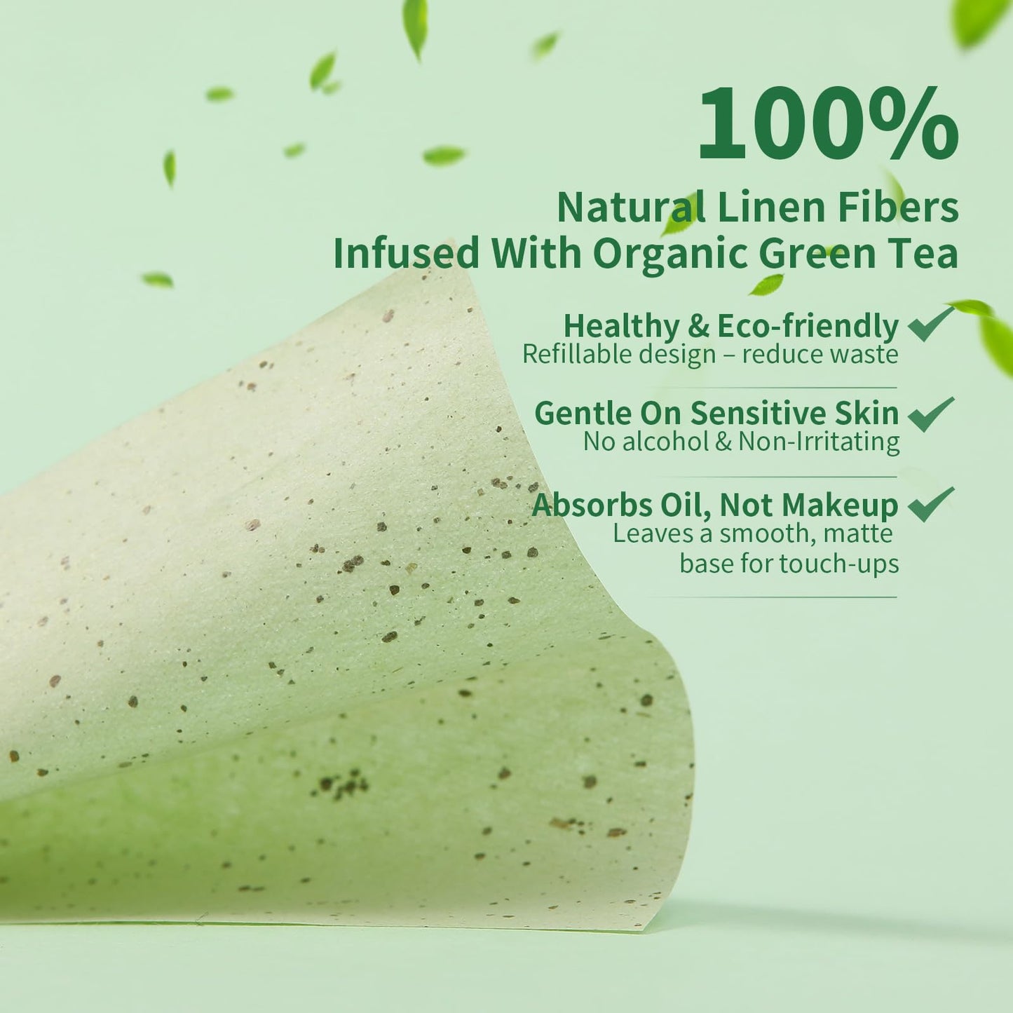 DUcare Oil Blotting Sheets 15M, 3 Roll Green Tea Refillable Oil Absorbing Paper for Oily Skin, On-the-Go Face Blotting Papers for Shine Control, Natural Skin-Friendly Blotting Sheets