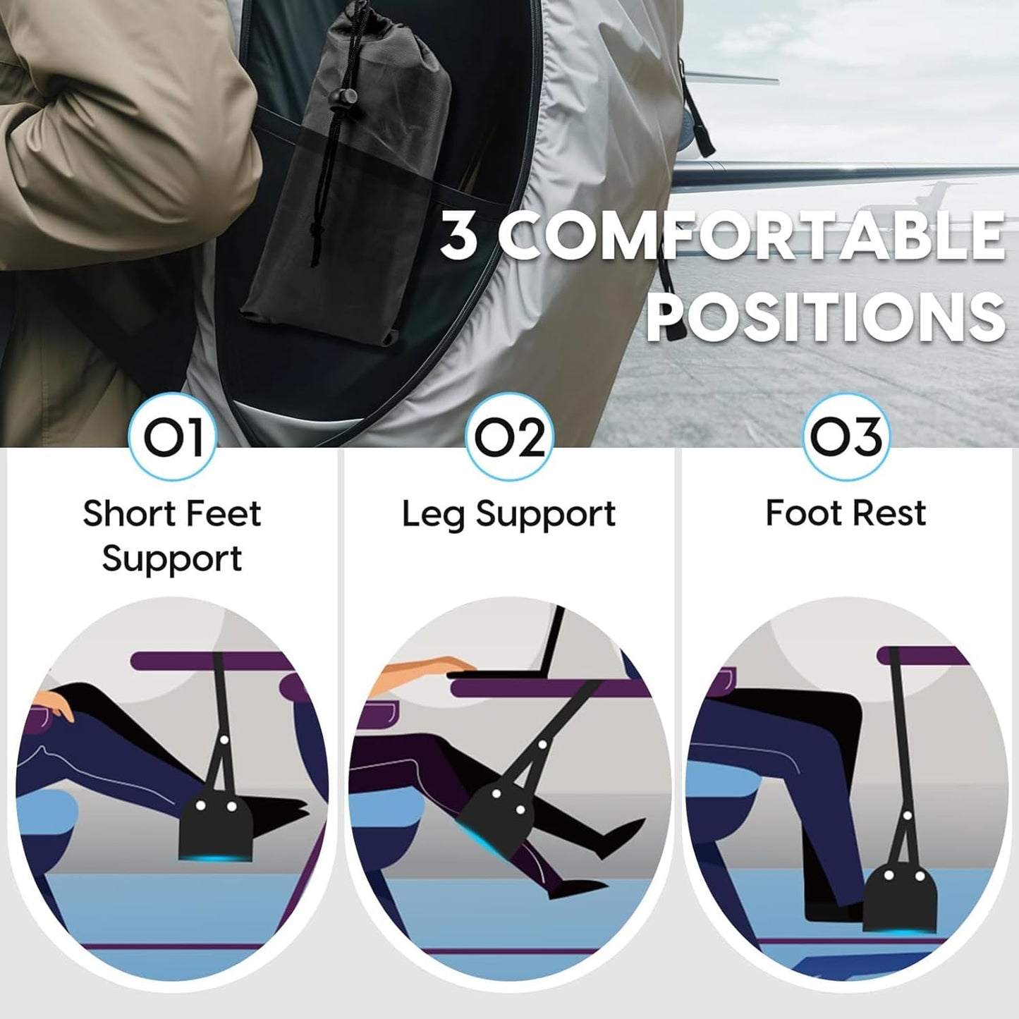 Foot Hammock for Plane Travel, Portable Airplane Foot Rest, Adjustable Leg Hammock Flight Trips, Perfect Airplane Footrest to Relax Feet, Ideal for Long Flights, Home & Office (Black)