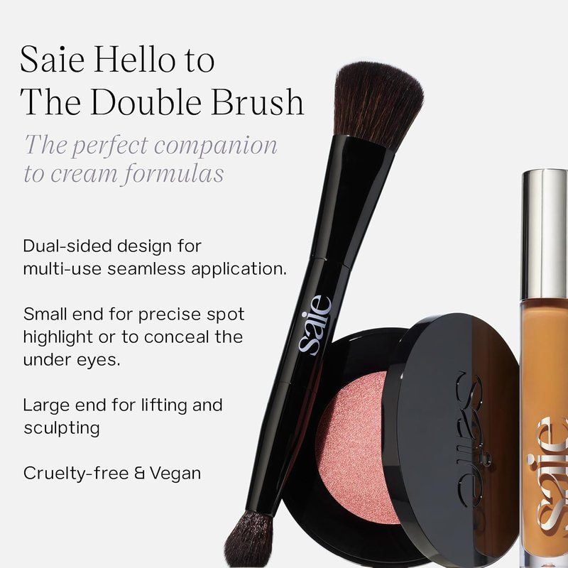Saie The Double Brush - Dual Ended Makeup Brush for Powder & Cream | 2 Ultra-Soft Brushes for Precise Application