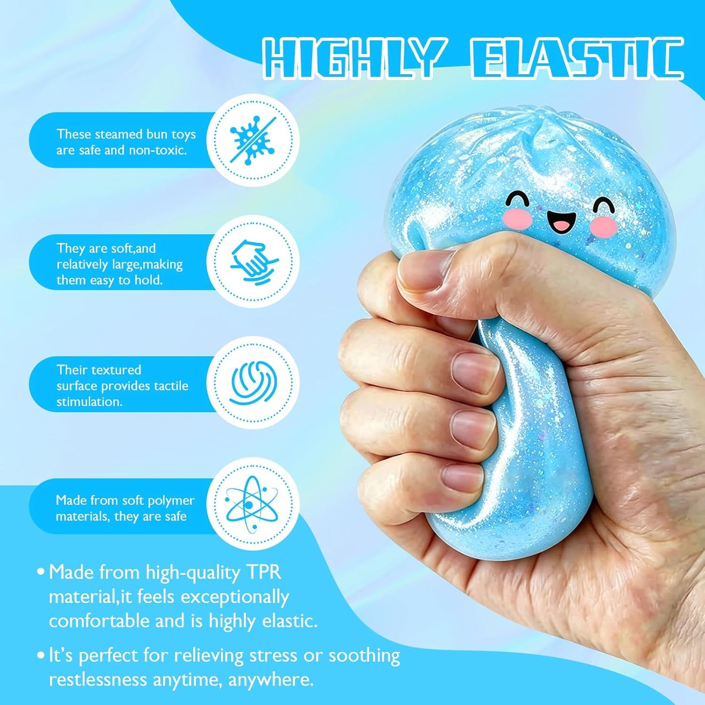 Glitter Dumpling Squishy Box | Realistic Fidget Toy for Anxiety Relief - Large Blue Squishies for Teens & Adults