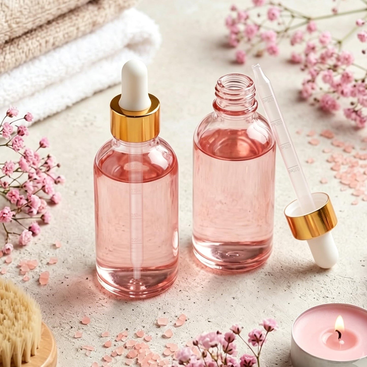 Bumobum Glass Bottle with Dropper, 4 oz Pink Tincture Bottle for Essential Oils with Labels and Funnels, 2 Pack Eye Dropper Bottles with Golden Top (Unbreakable Plastic Eye Dropper with Measurements)