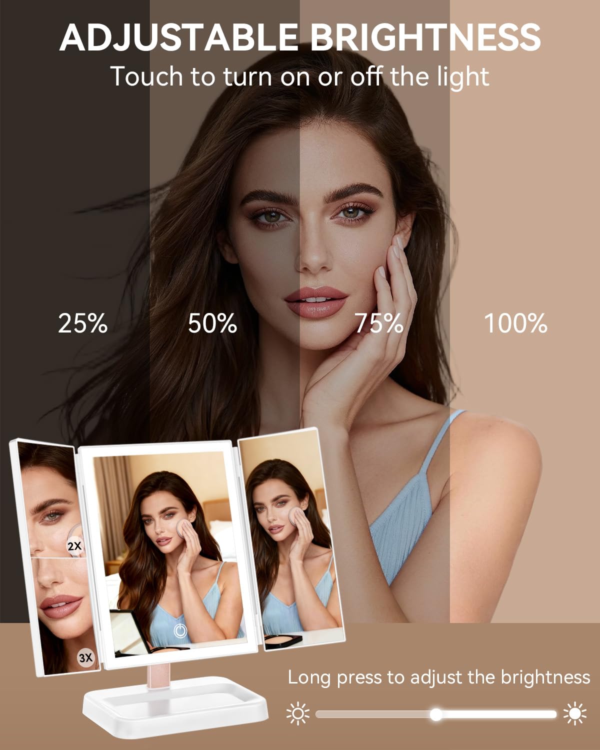 CALEPOP Lighted Makeup Mirror with Magnification, Rechargeable Vanity Mirror with Lights, 1X/2X/3X Trifold Desk Mirror, 76 LEDs, 3 Color Touch Dimming, 9 x 14 in