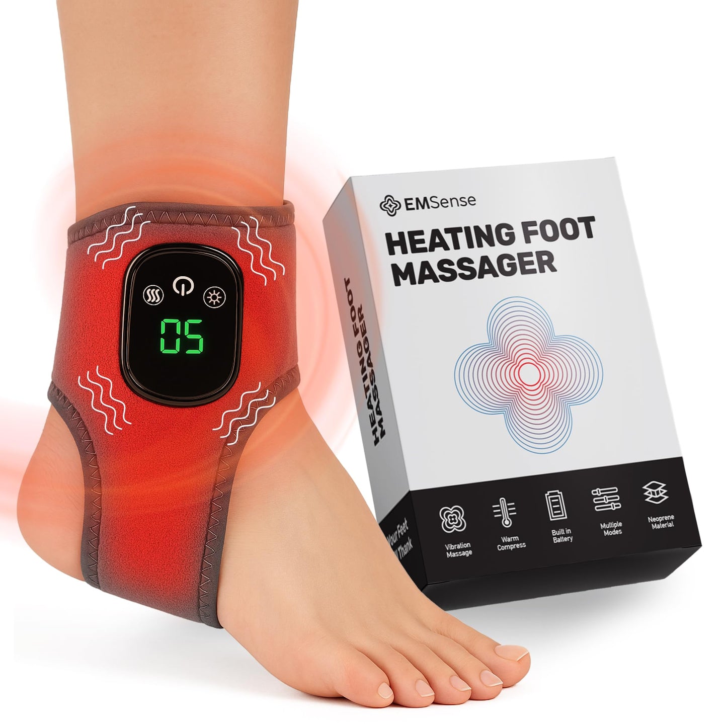 EMSense Heating Foot Massager - Cordless Vibration & Heat Therapy Wrap with 5 Heat Levels & 3 Vibration Modes for Tired Feet, Ankles & Lower Calf, USB-C Rechargeable - 1 Pack