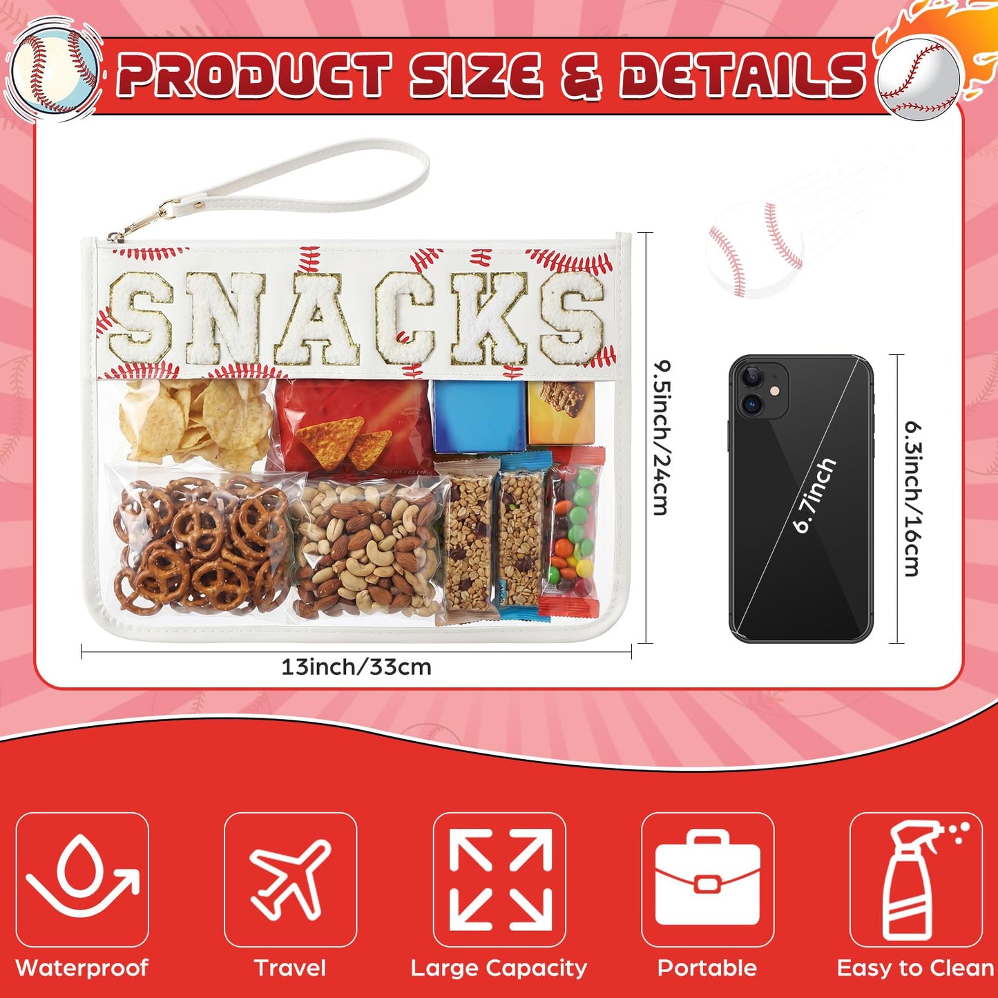 Klyyo Clyro Clear Baseball Snack Bag Chenille Letter Zipper Pouch Baseball Snack Goodie Treat Team Gifts for Sport Game Day Theme Party Favors Player Gift
