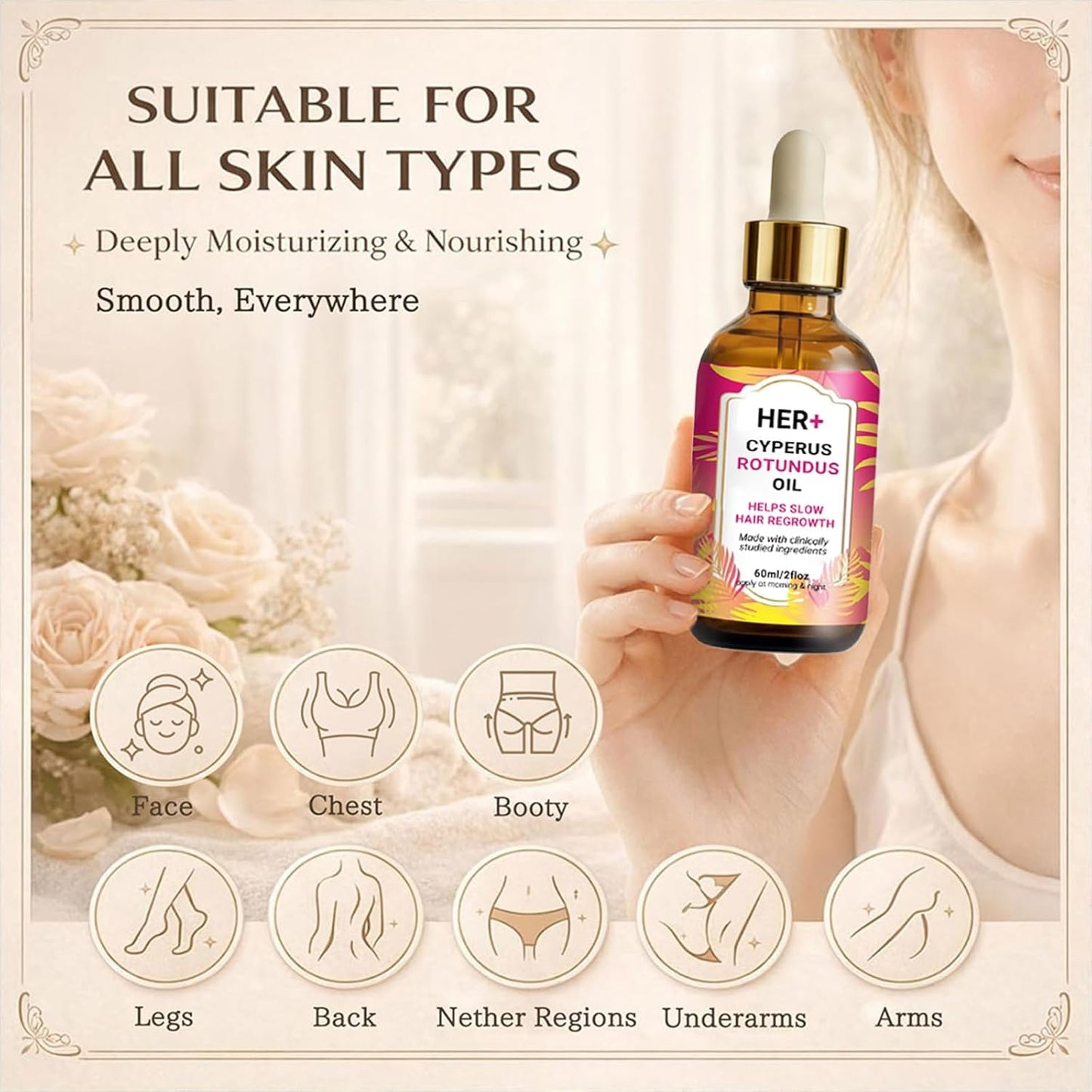 Cyperus Rotundus Oil for Hair Removal - 60ml | Reduces Body Hair Growth, Moisturizes & Soothes All Skin Types