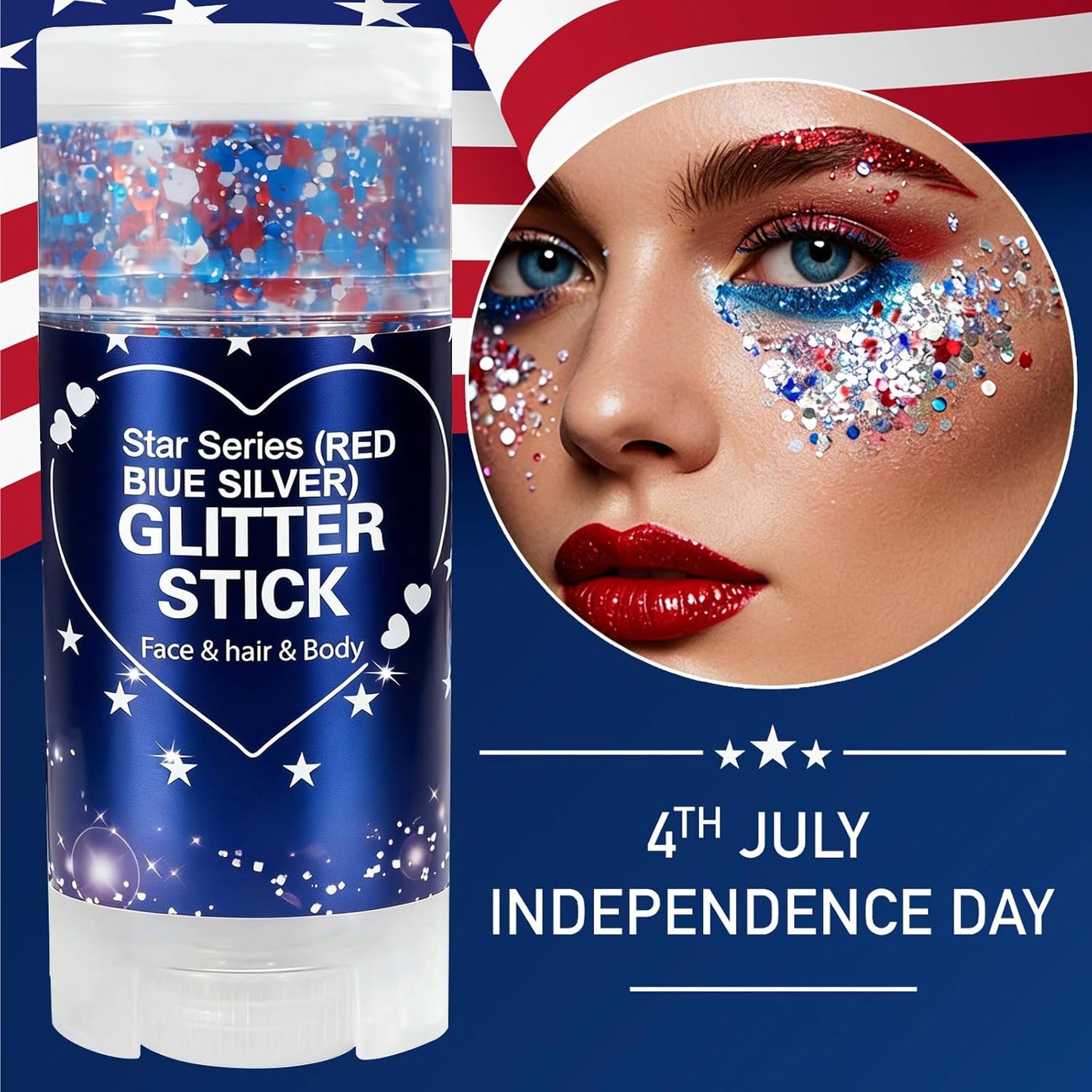 Patriotic Red White and Blue Glitter Stick - USA Flag Body Makeup for 4th of July | Perfect for Independence Day Celebrations
