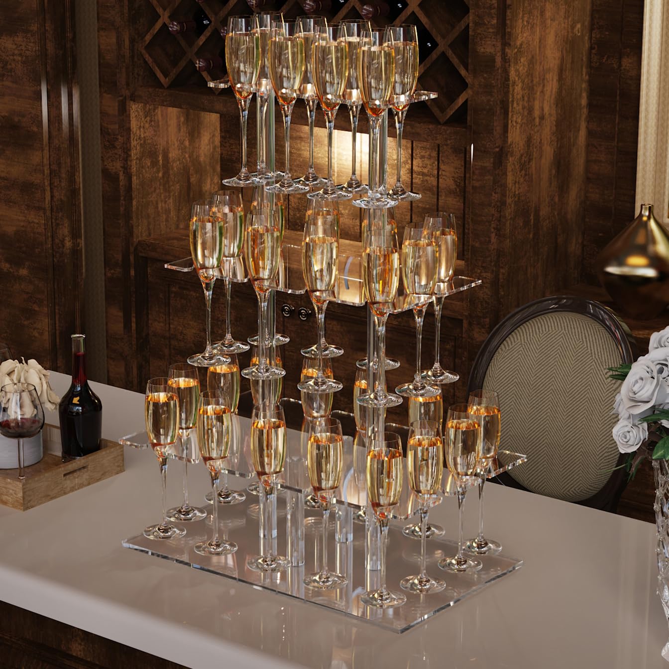 Nynelly Champagne Display Holder Stand for Party With 32 Slots, 3 Tier Acrylic Champagne Tower Wine Glass Holder, Tabletop Champagne Flutes Holder Stemware Rack with Led Strip, 19.7x11.8x26.2 inch