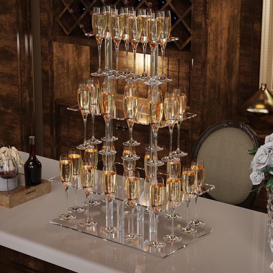 Nynelly Champagne Display Holder Stand for Party With 32 Slots, 3 Tier Acrylic Champagne Tower Wine Glass Holder, Tabletop Champagne Flutes Holder Stemware Rack with Led Strip, 19.7x11.8x26.2 inch