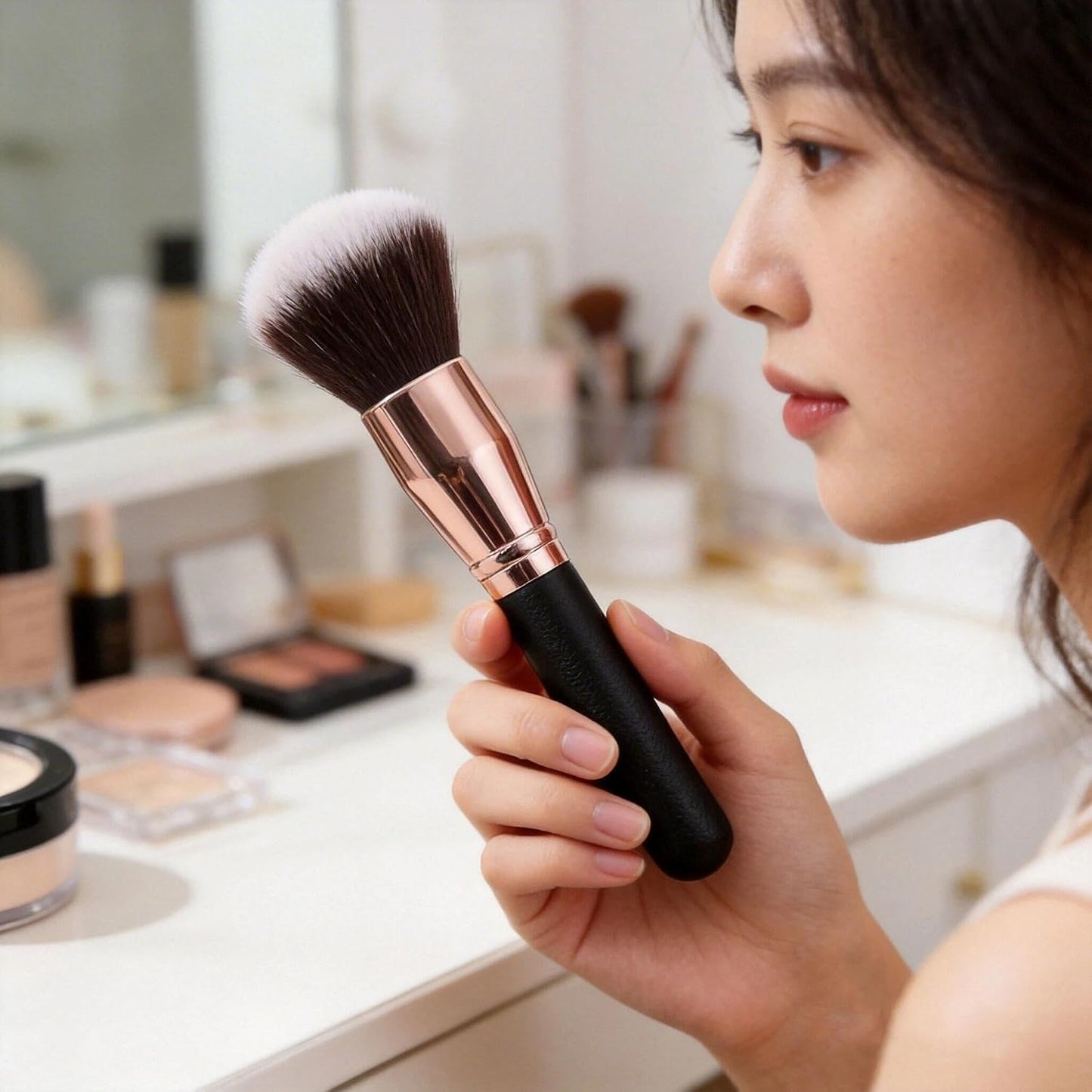 Pointed Powder Foundation Fan Brush - Ultra-Soft Bristles for Liquid Foundation, Blush & Highlighter | Professional Makeup Tool