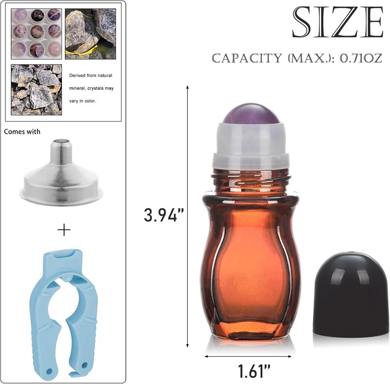 Amber Glass Roll-On Bottles for Essential Oils - 1oz Refillable Quartz Rollerball Applicator | Empty Deodorant Containers