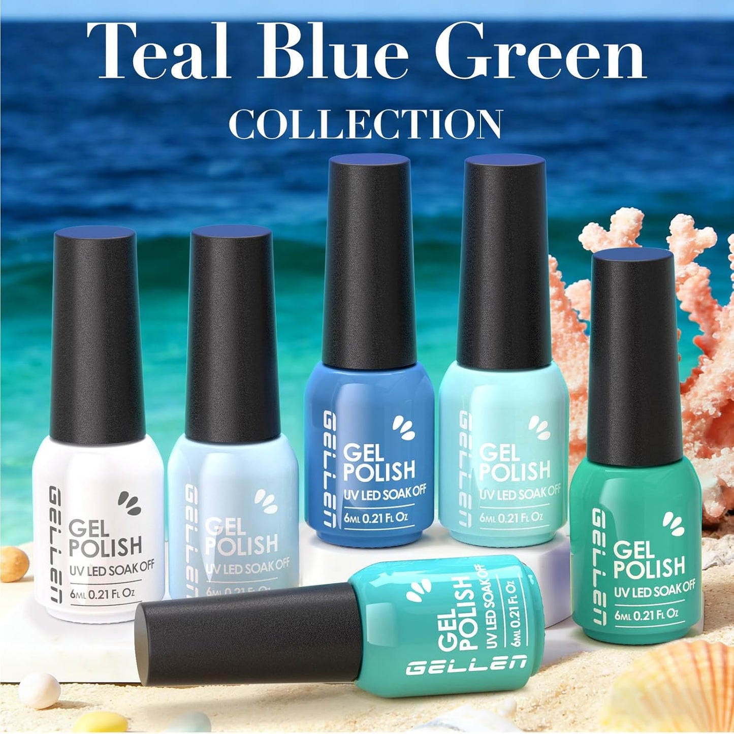 Teal Green Blue Gel Nail Polish - 6-Color Semi-Permanent Formula | No Wipe, Glossy Finish, HEMA & TPO Free