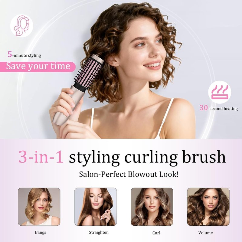 Cordless Hair Curling Iron Brush - 3-in-1 Portable Travel Curling Wand | Blush Pink, USB Rechargeable, 7000mAh