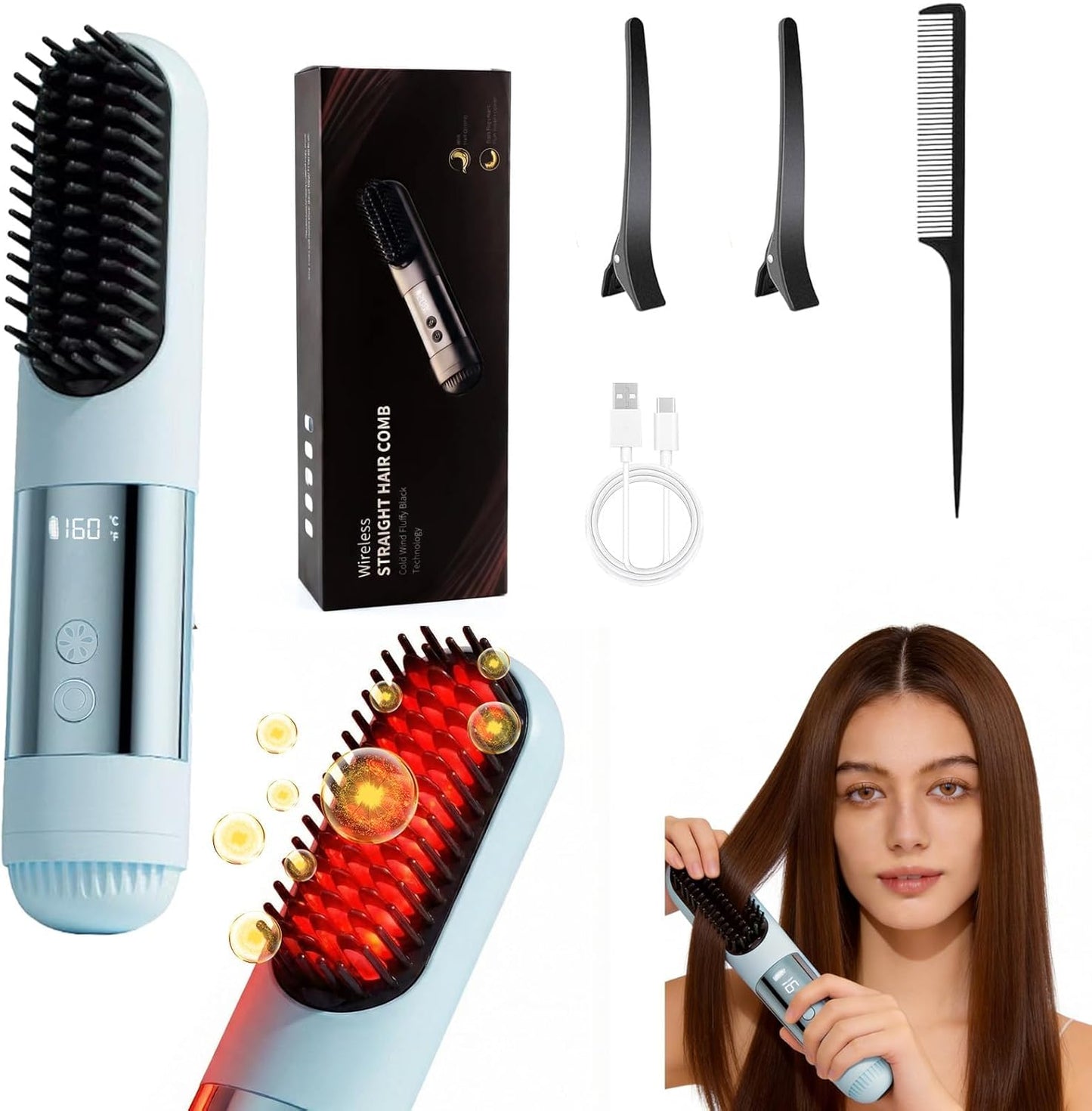 Go Brush Pro Hair Straightener Brush - Portable Cordless Design, Fast 30s Heat & Cool Air Setting | Blue