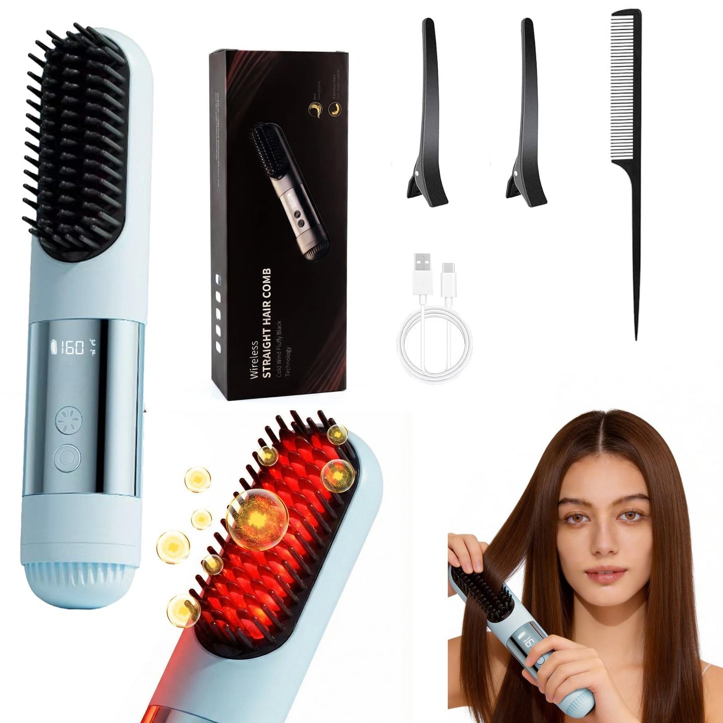 2026 New Go Brush Pro - 3 Temps Portable Cordless Hair Straightener Brush for Travel, Led Digital Display(°C/°F), Cool Air Setting On the Back (Blue)
