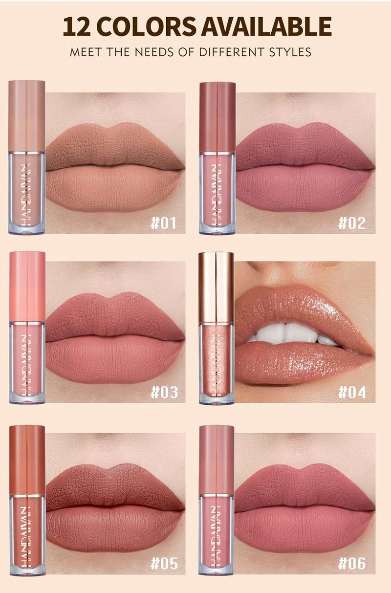 Matte & Glossy Liquid Lipstick Set - Long-Lasting Waterproof Lip Gloss | 12 Colors in Nude, Pink, Red Shades