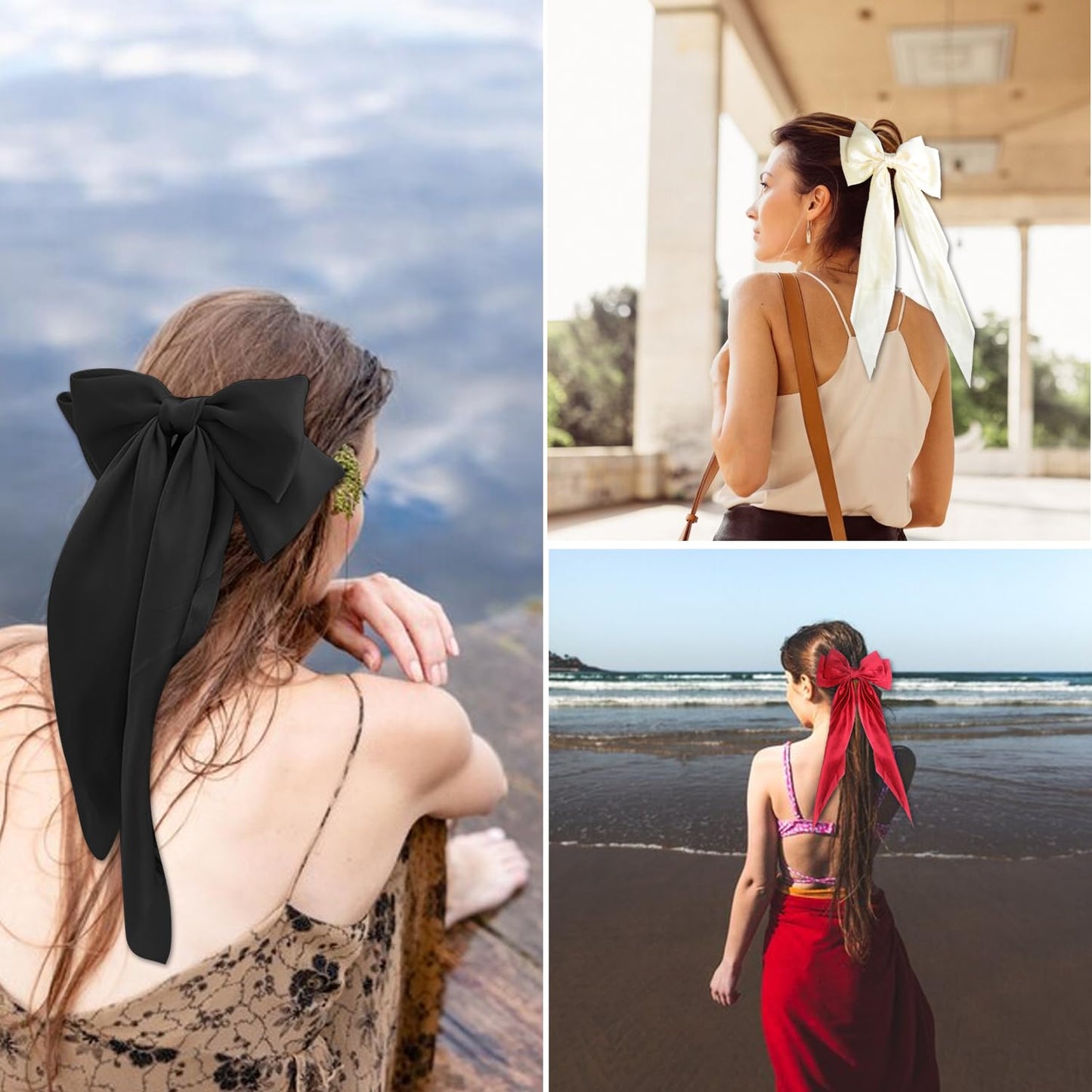 3 PCS Hair Bows for Women - Elegant Black Satin Clips for Chic Ponytails | Stylish Big Ribbons