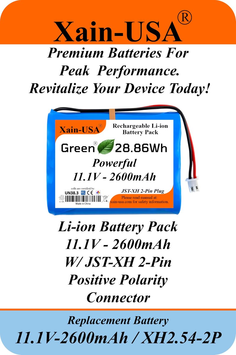 Xain-USA Powerful Replacement 11.1V Li-ion Battery. 2600mAh Capacity, 3S1P config, JST-XH2.54 Connector, Built-in BMS. Ideal for Super LifeJacket Jolt Rugged IMW888S, IMW889N-BLKC.