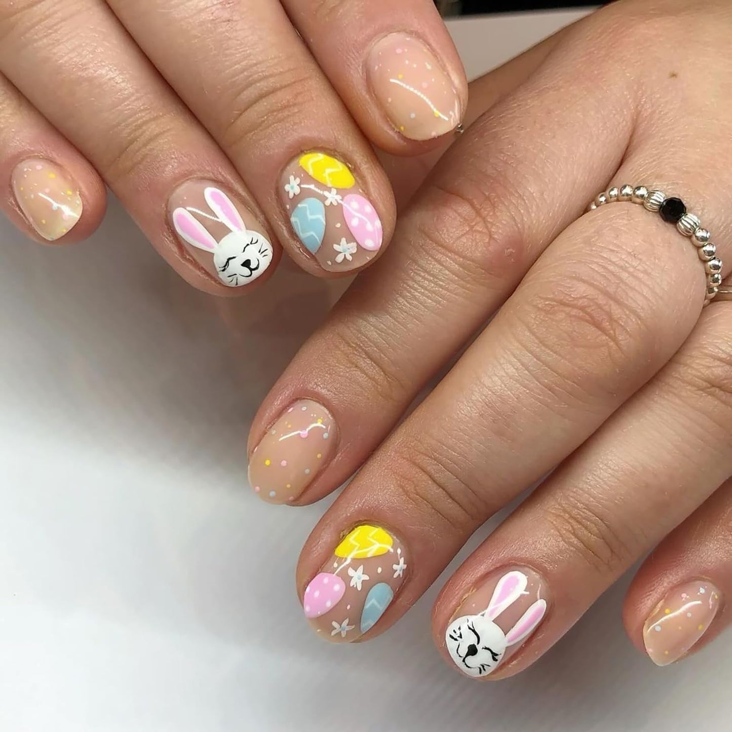 French Tip Press-On Nails - Short Square Floral Design with 3D Rhinestones | 24 Pcs Glossy Acrylic Set