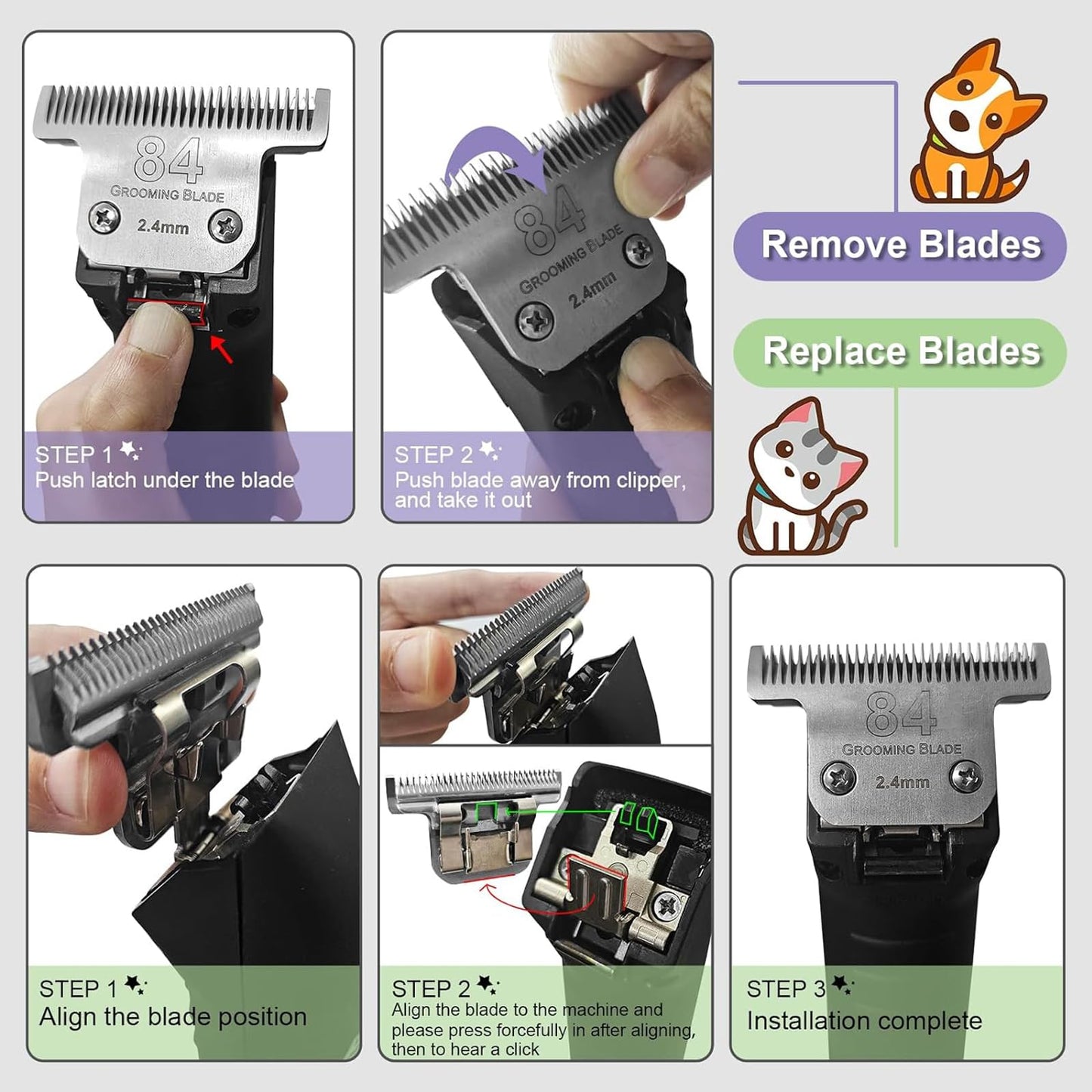 HONGNAL 84# Pet Dog Grooming Stainless Steel Blade,Compatible with Ainds,Oster A5,Wahl KM-10 and Other Series Detachable Clippers, Cut Length 3/32-Inch
