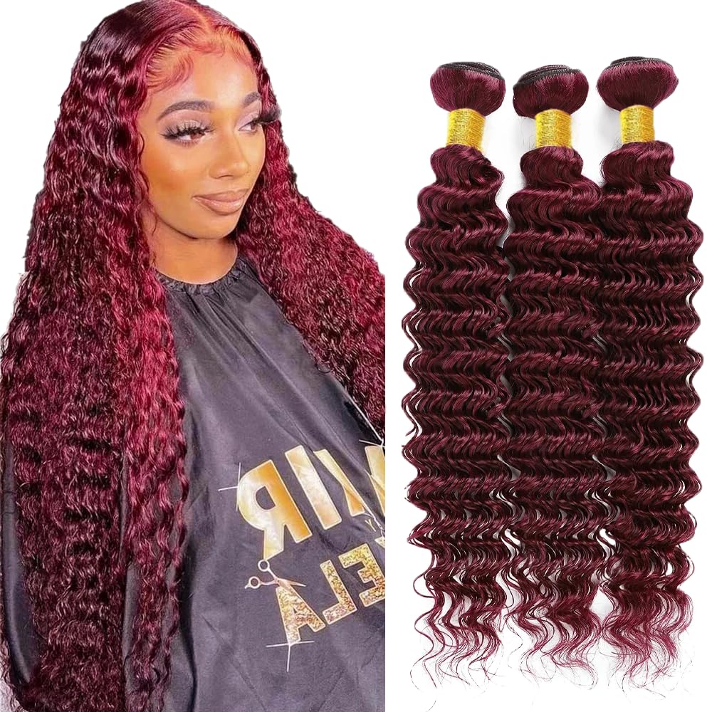 Wine Red Bundles Human Hair Deep Wave Bundles 24 24 24 Inch #99J Burgundy Deep Wave Bundle Unprocessed Brazilian Virgin Weave Hair 3 Bundle 50 Gram Per Bundle