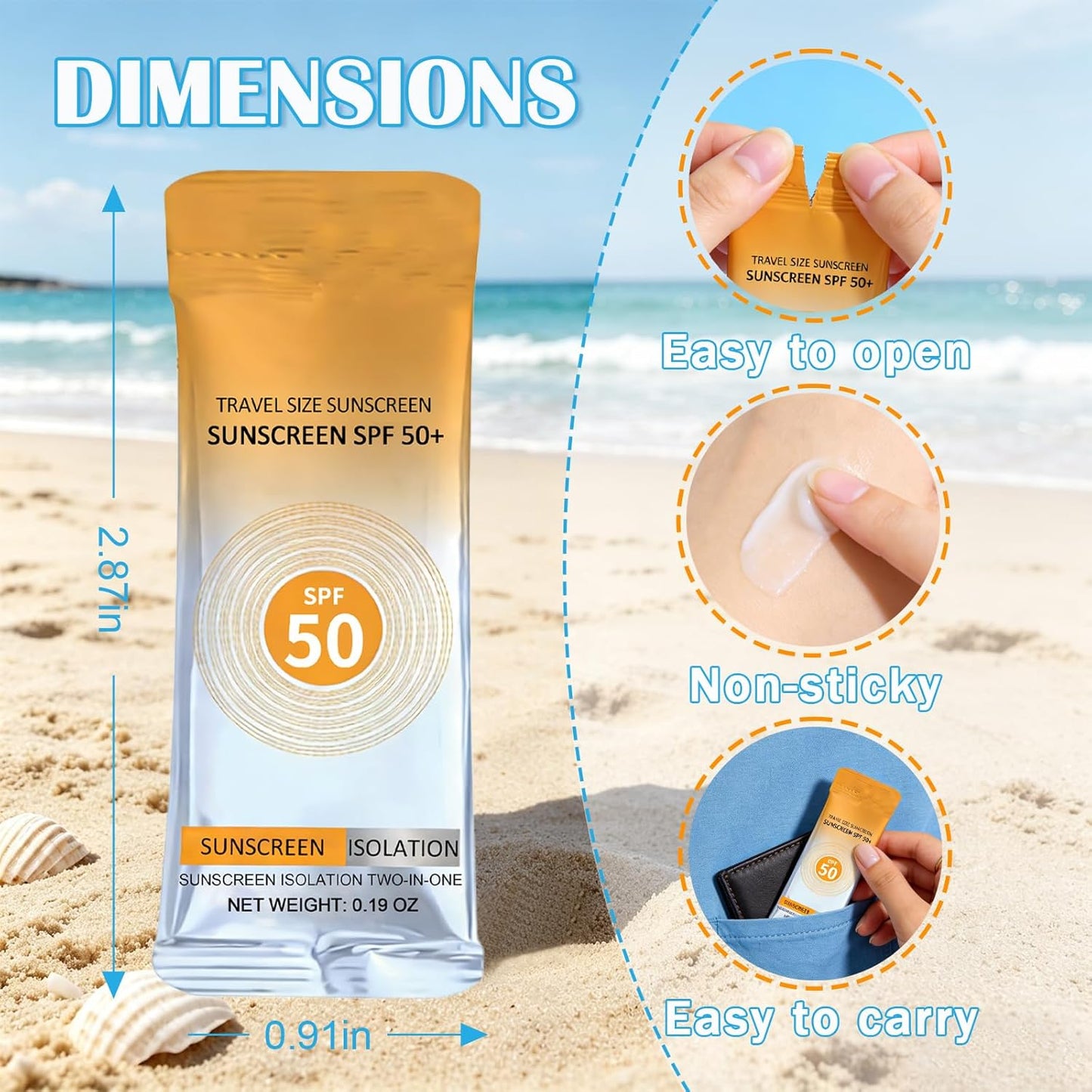 Travel Size Sunscreen SPF 50+ - 50 Pcs Mini Non-Greasy Sunscreen for Face & Body | 0.19 OZ Each