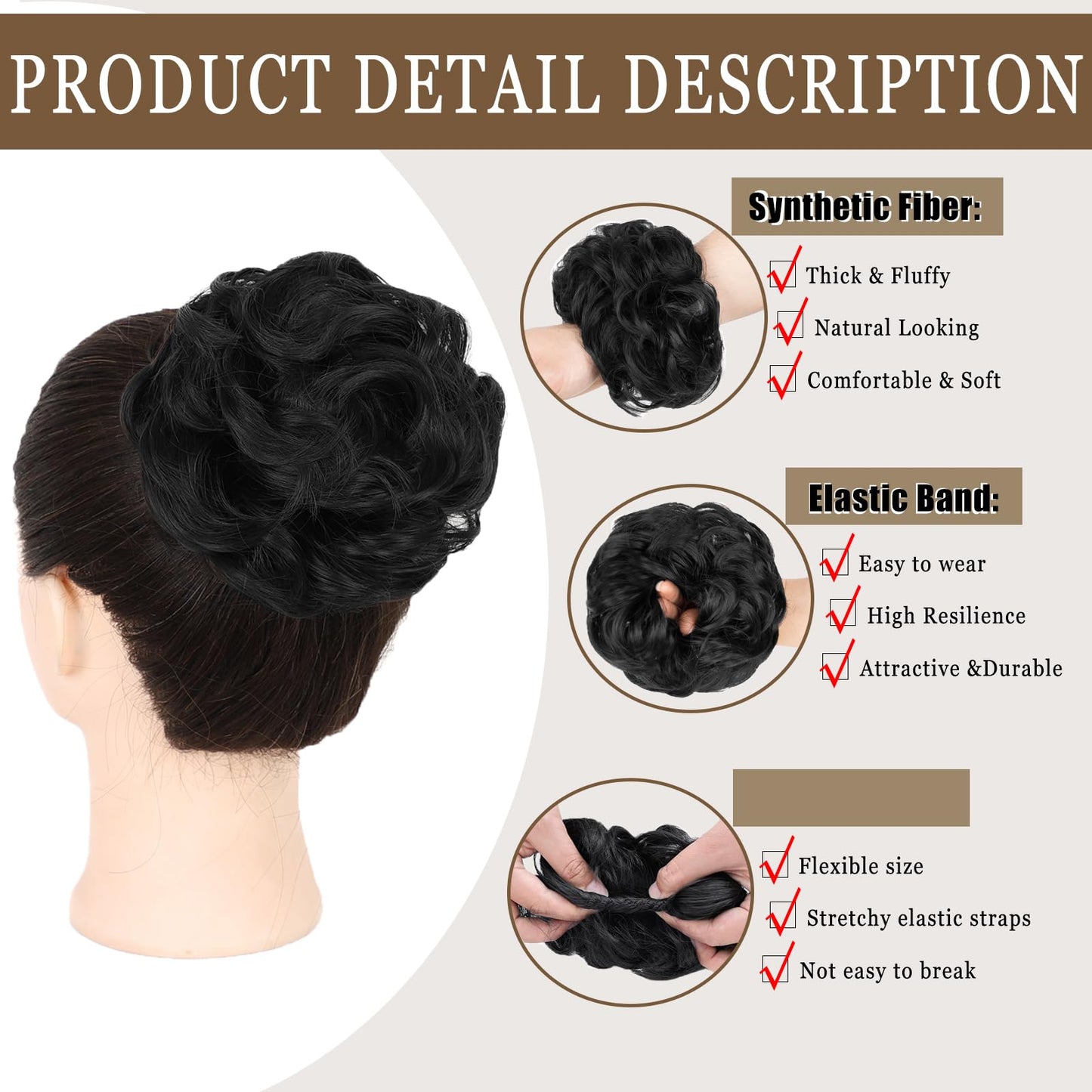 FAYDERS 1PCS Messy Bun Hair Piece Wavy Curly Thick Updo Hairpiece Synthetic Chignon Hair Bun Scrunchies Extension for Women