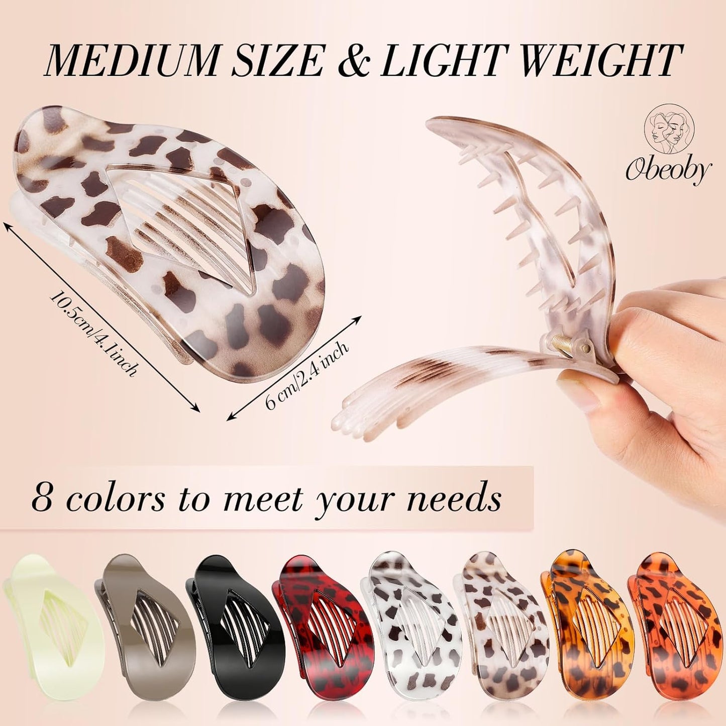 Flat Claw Clips for Women - 8 Pcs Strong Hold Tortoiseshell Hair Accessories | Large & Medium Sizes