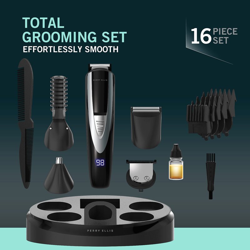 Perry Ellis 16-Piece Men’s Grooming Kit, Rechargeable Beard Trimmer, Electric Razor for Face, Body, Nose, and Ear Hair, LED Display, Foil Shaver Head, 5 Adjustable Trimming Guides, Charging Dock