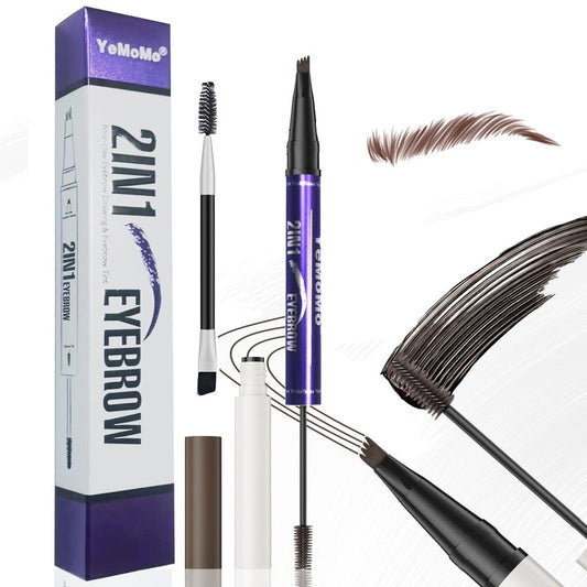 2-in-1 Eyebrow Pen with Tinting Gel, 4-Tip Microblading Brow Pencil, Waterproof Long-Lasting Formula, 5 Natural Shades for Different Hair Colors (3#Dark Brown)
