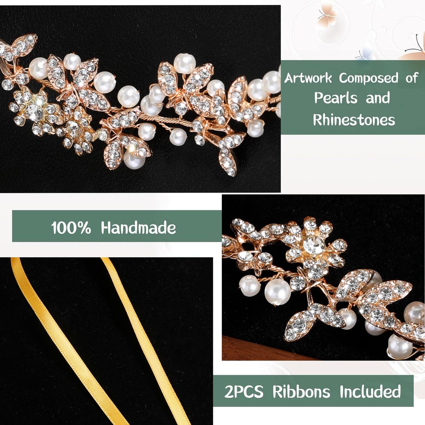 Gold Leaves & 9-Petal Crystal Flowers Pearls Bridal Hair Vine, 12.7" Handmade Wedding Headpiece, Flexible Bridal Headband with 19.5" Satin Ribbon for Bride Bridesmaid Prom Pageant Formal Events