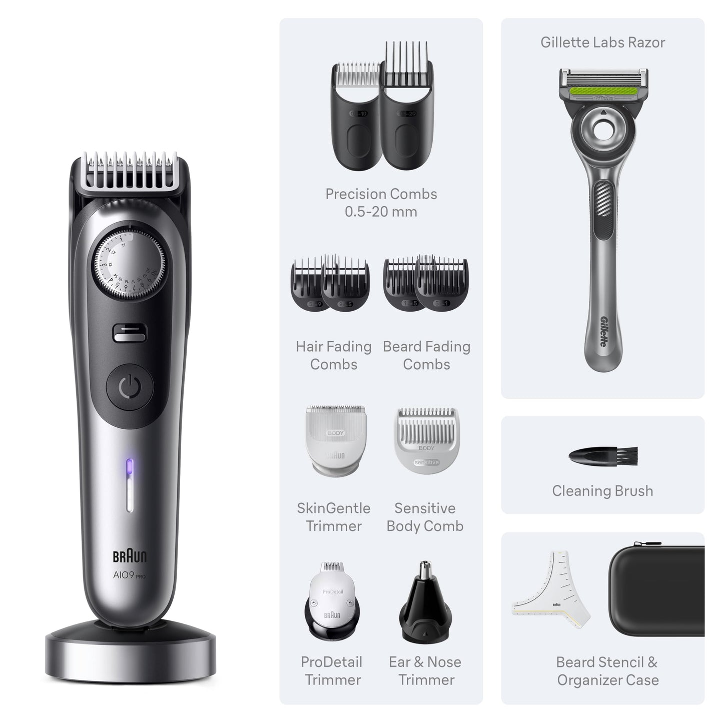 Braun All-in-One Series 9 PRO Men's Electric Beard Trimmer, Hair Clipper, Shaver & Razor for Face, Hair & Body, AIO 9570 with Gillette Labs Razor, Cordless
