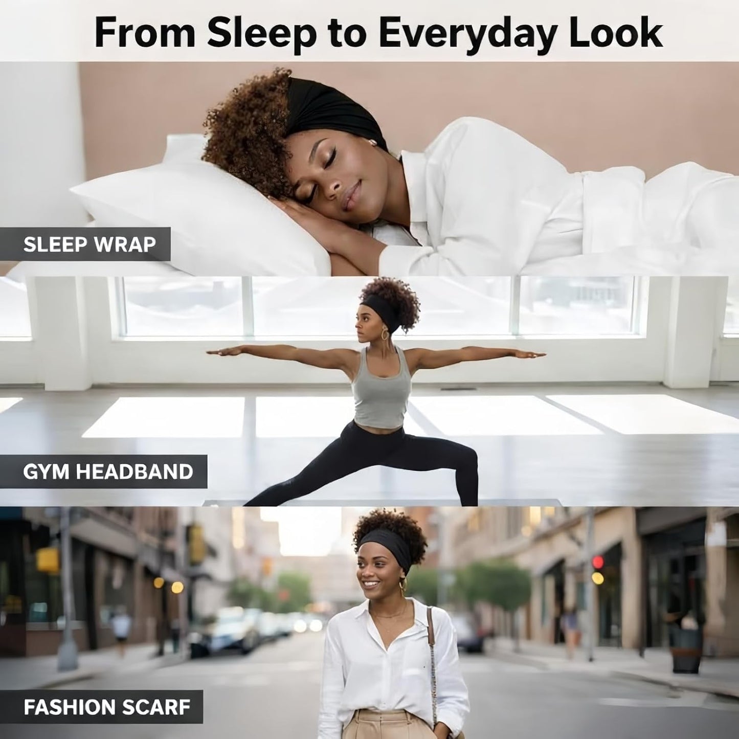Hair Wrap for Curly & Coily Hair - Extra Wide Stretch Sleep Scarf, Anti-Frizz Headband | Soft Breathable Tube, Matte Black 19.69” x 9.06”
