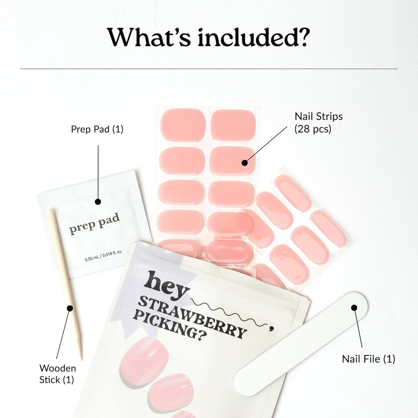 Heyhae Semi Cured Gel Nail Strips - Easy Apply Solid Pink Spring Design | 28 Strips, Prep Pads & Nail File Included