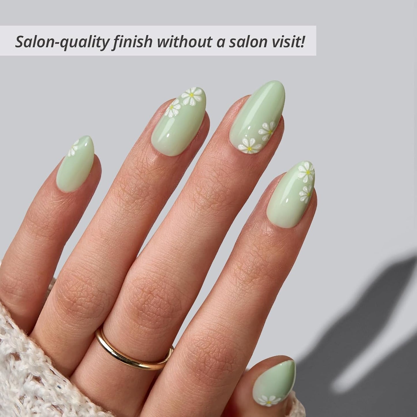 Press On Nails - Meadow Daisy 3D Flower Design | Easy-Apply Almond Shape in Pastel Green - 32 Nails, 16 Sizes Included