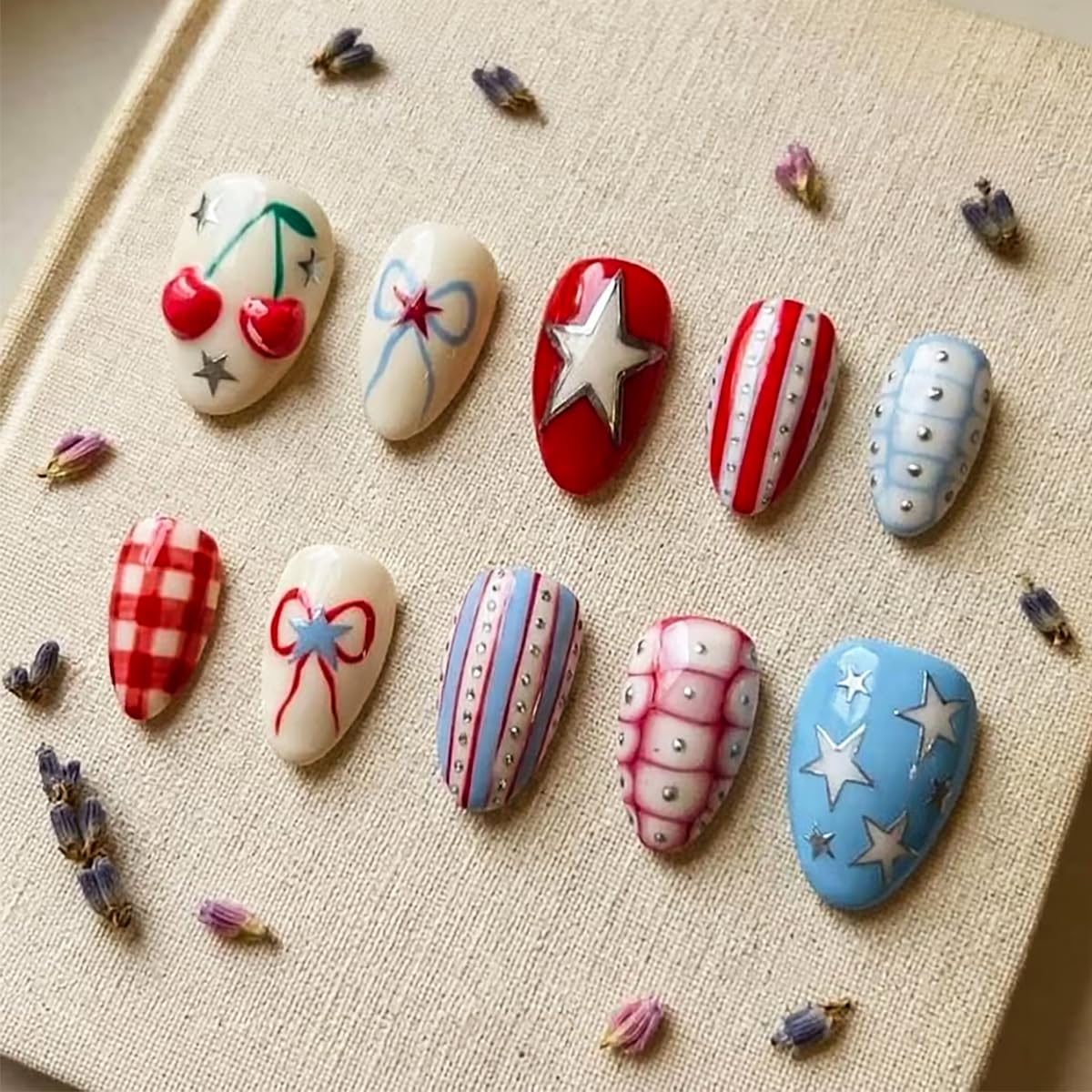Patriotic Press-On Nails - 30 Pcs Short Almond Fake Nails in Red, White & Blue | Cute Independence Day Designs