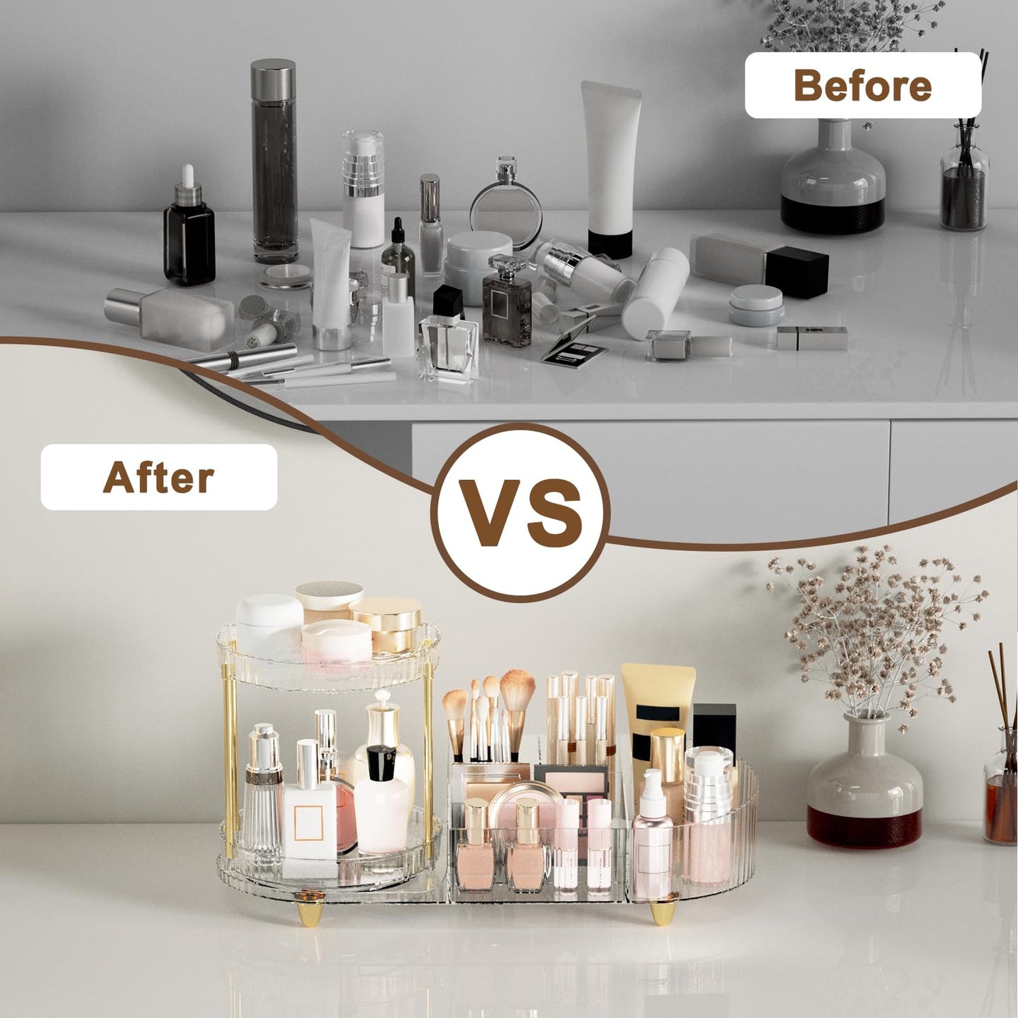 Makeup Organizer Countertop for Vanity, Rotating Perfume Tray with 5-compartment Cosmetic and Skincare Organizers, Multi-Purpose Desk Storage Makeup Brush Holder for Bathroom Bedroom Counter