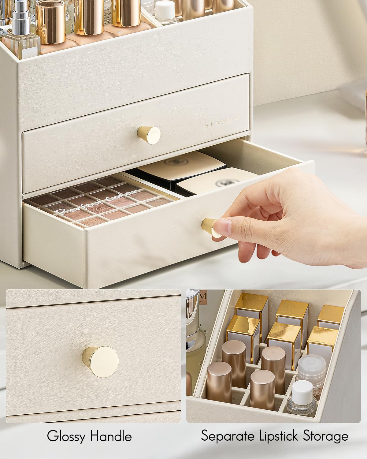 VLANDO Makeup Organizer for Vanity, Skin Care Organizer with Drawers, PU Leather Bathroom Countertop Cosmetic Storage for Lipstick Brushes Perfume, Dresser and Dorm Room Organizer for Women (Beige)