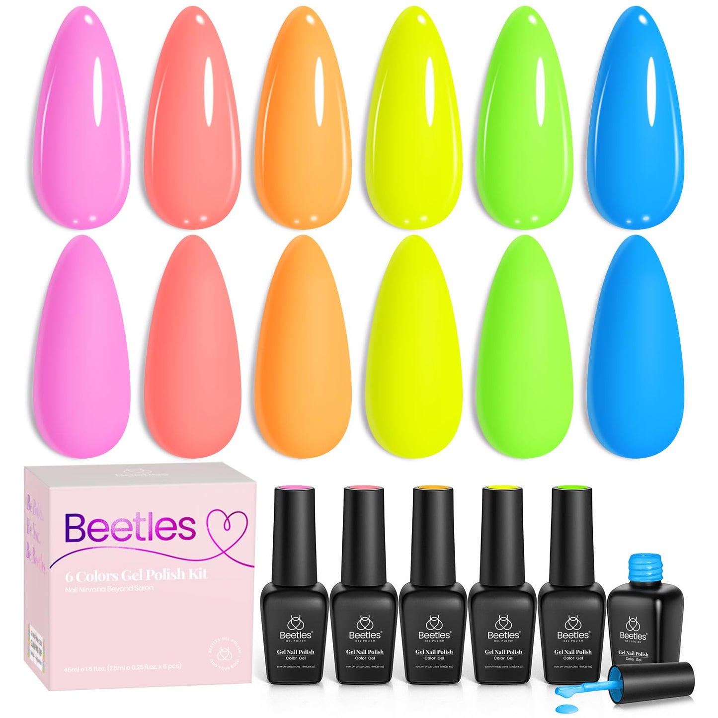 Beetles Neon Gel Nail Polish - Neon Lights, Bright Rainbow Collection, 6 Colors Hot Pink Blue Yellow Green Summer Gel Nail Polish Set, Soak Off UV LED Summer Nails Art, Manicure Salon DIY Home