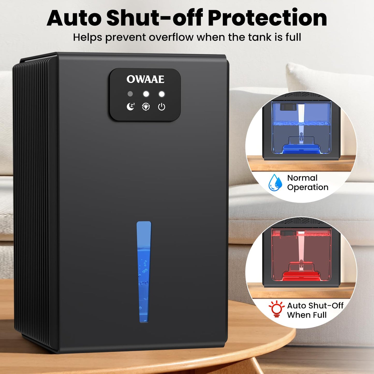 OWAAE Dehumidifier, 1000 sq.ft Quiet Dehumidifiers for Home Bedroom Basement Bathroom with 95oz Water Tank, Sleep Mode, Auto Shut-Off 7 Colors LED Light, Grey