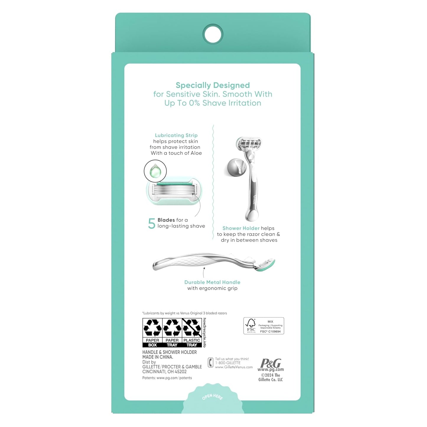 Gillette Venus Extra Smooth Sensitive Razor - Reusable Handle & 2 Refills for Sensitive Skin | Includes Shower Holder