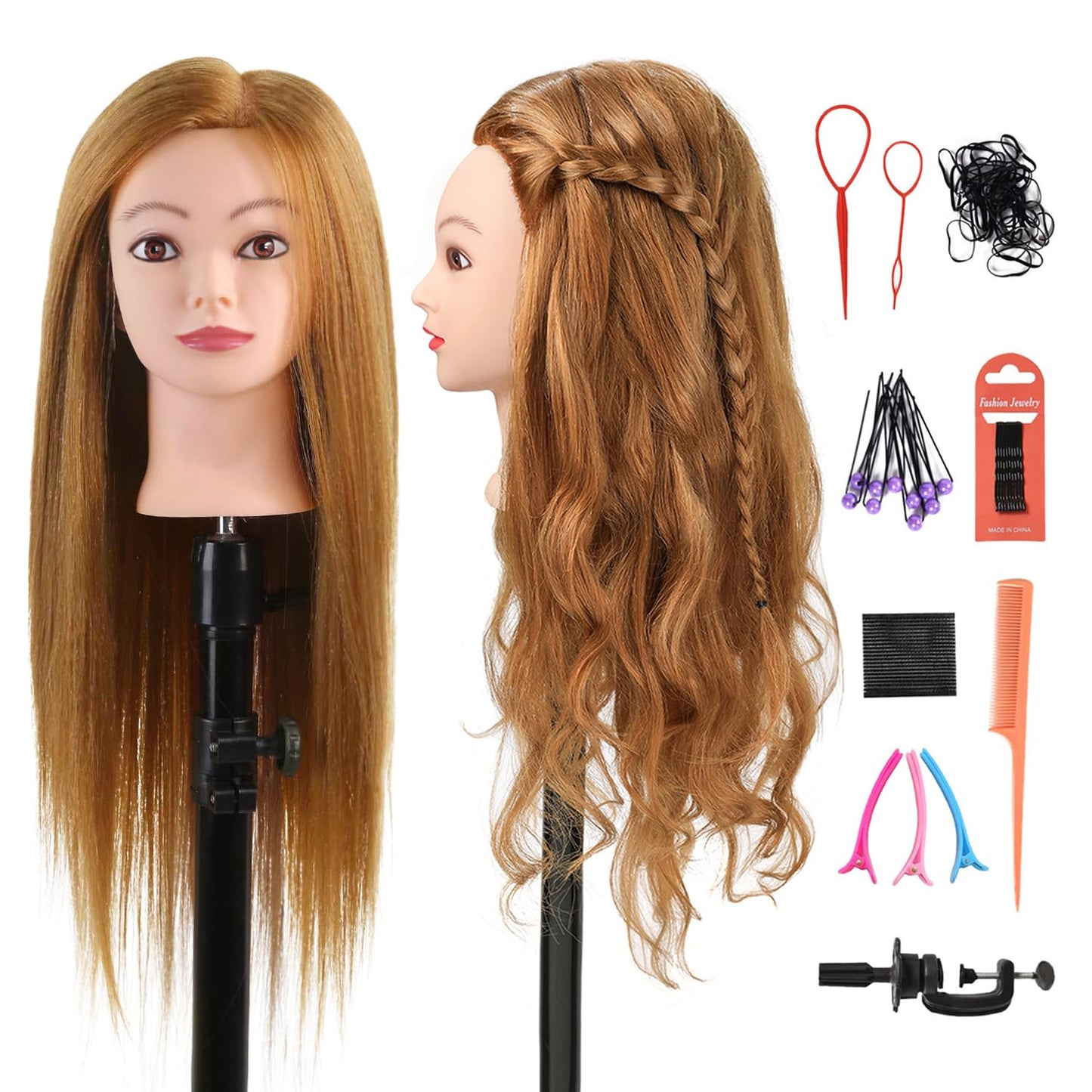 SOPHIRE 26"-28" Mannequin Head with 80% Real human Hair, Hairdresser Practice Training Head Cosmetology Long Hair Manikin Doll Head with 9 Tools and Clamp - #4 Brown, Makeup On