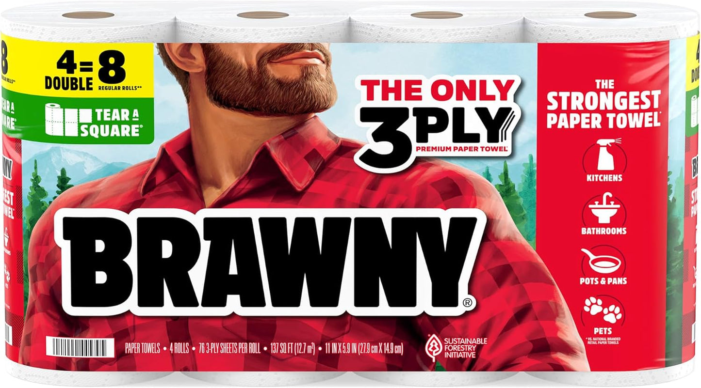 Brawny Paper Towels - 3-Ply Tear-A-Square, Strong & Absorbent | 12 XL Family Rolls (30 Regular Rolls)