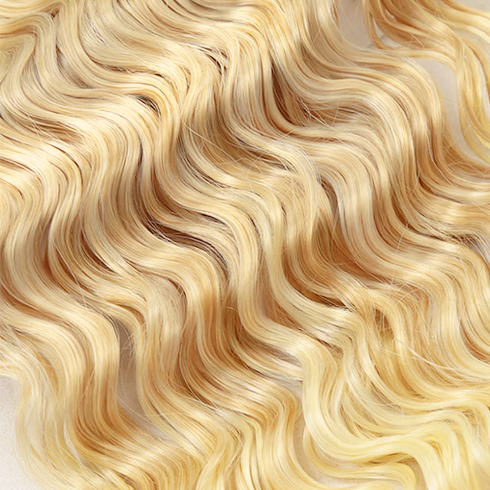 P27/613 Highlight Blonde Bundles Human Hair Deep Wave Bundles 26 26 26 Inch Honey Blonde Deep Wave Bundle Unprocessed Brazilian Virgin Weave Hair 3 Bundle 50 Gram Per Bundle