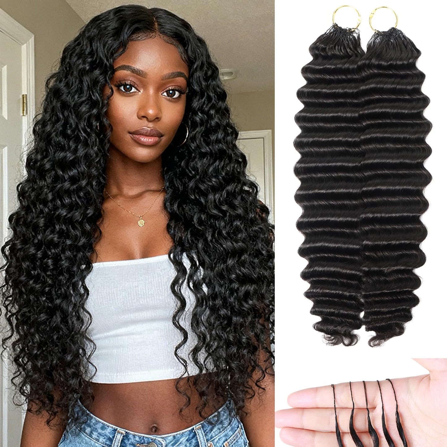 Human Crochet Hair for Black Women - 20 Inch Deep Wave Extensions | Soft & Lightweight Natural Black, 50 Strands